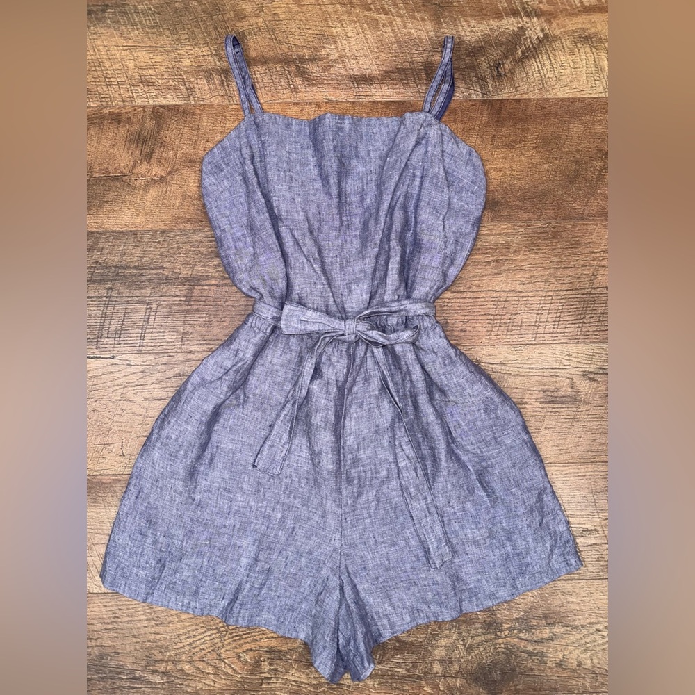 Cynthia Rowley 100% Linen Tie Waist Adjustable Straps Back Zip Romper
